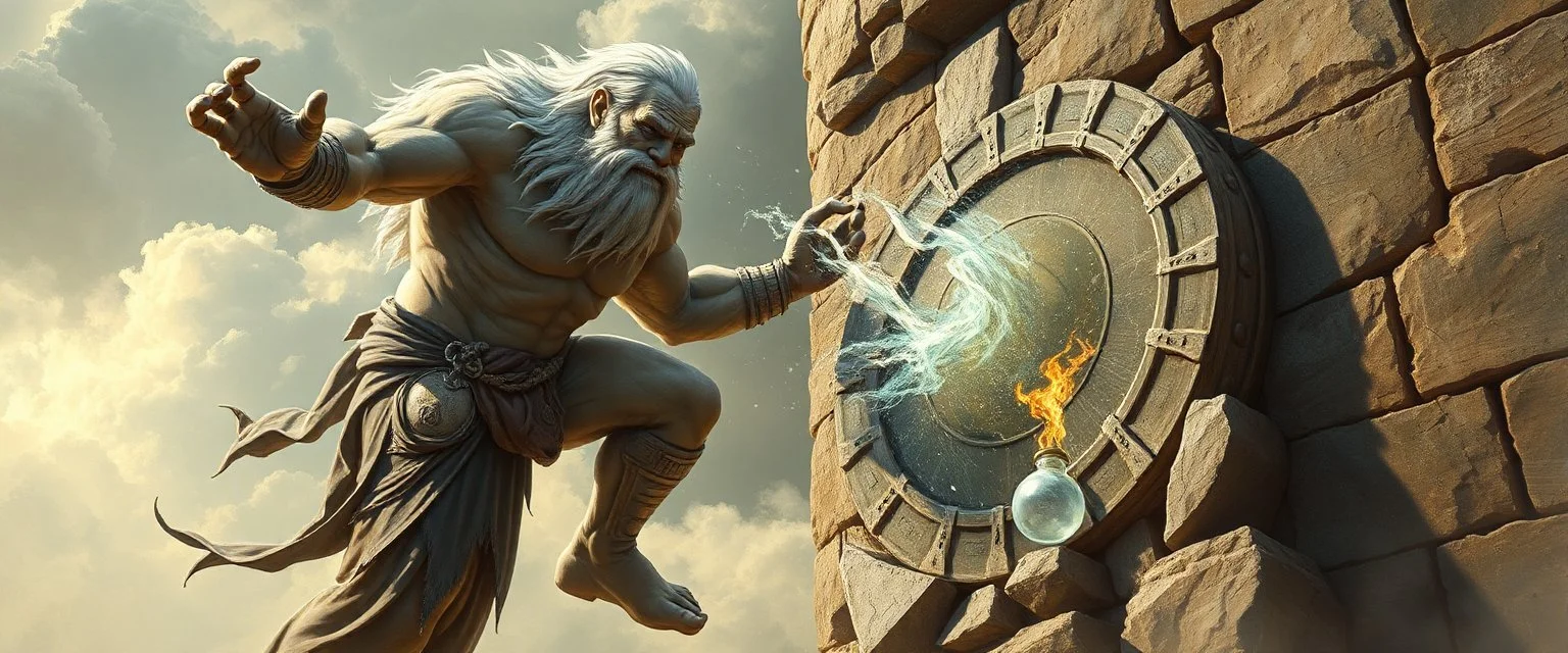 epic fantasy illustration, spirit giant throwing pushing marble stone sculpture into wall