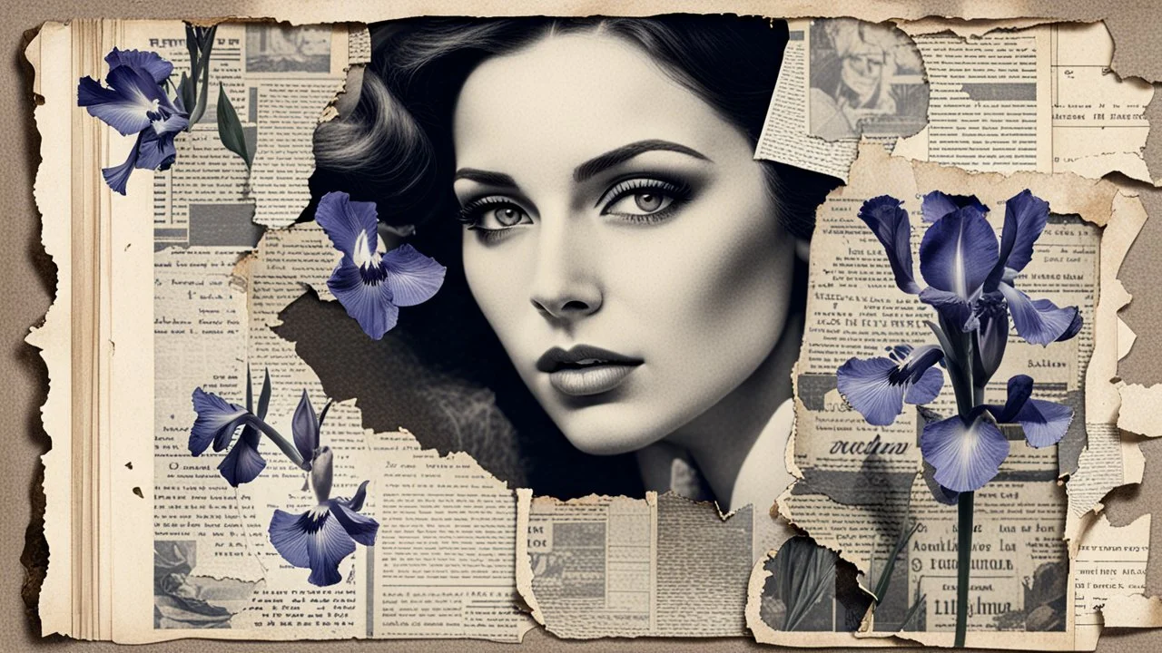 old album, old photograph, torn edges, beautiful woman, irises, torn newspaper, double exposure,