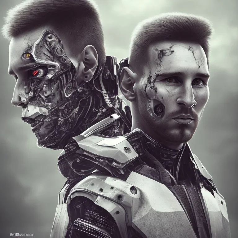 lionel messi perfect face and portrait post-apocalypse perfect cyborgs in a footbal stadium, sci-fi fantasy style, 8k,dark