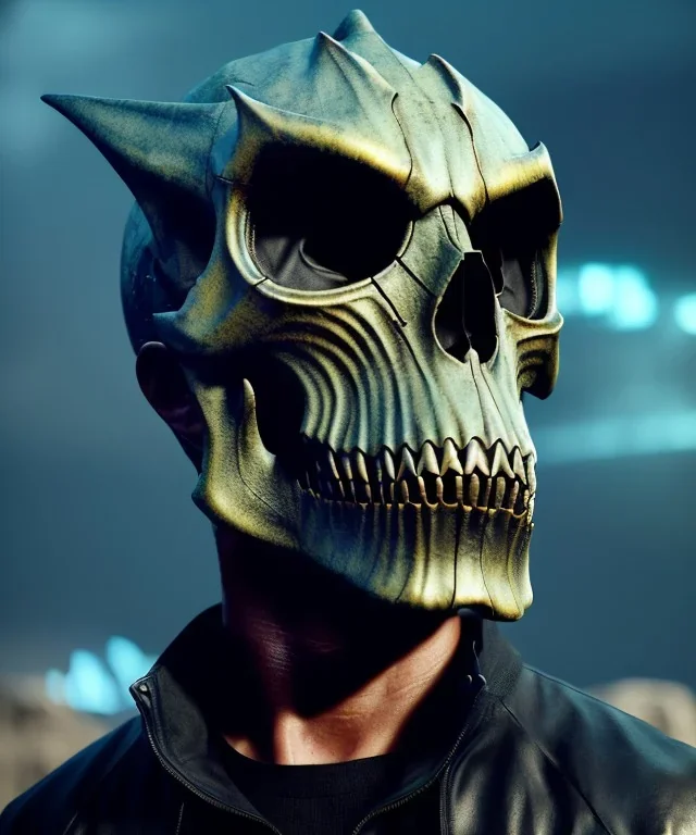 A badass boy wearing a dragon skull mask, atmospheric, realistic, unreal engine, cinematic lighting, octane render.