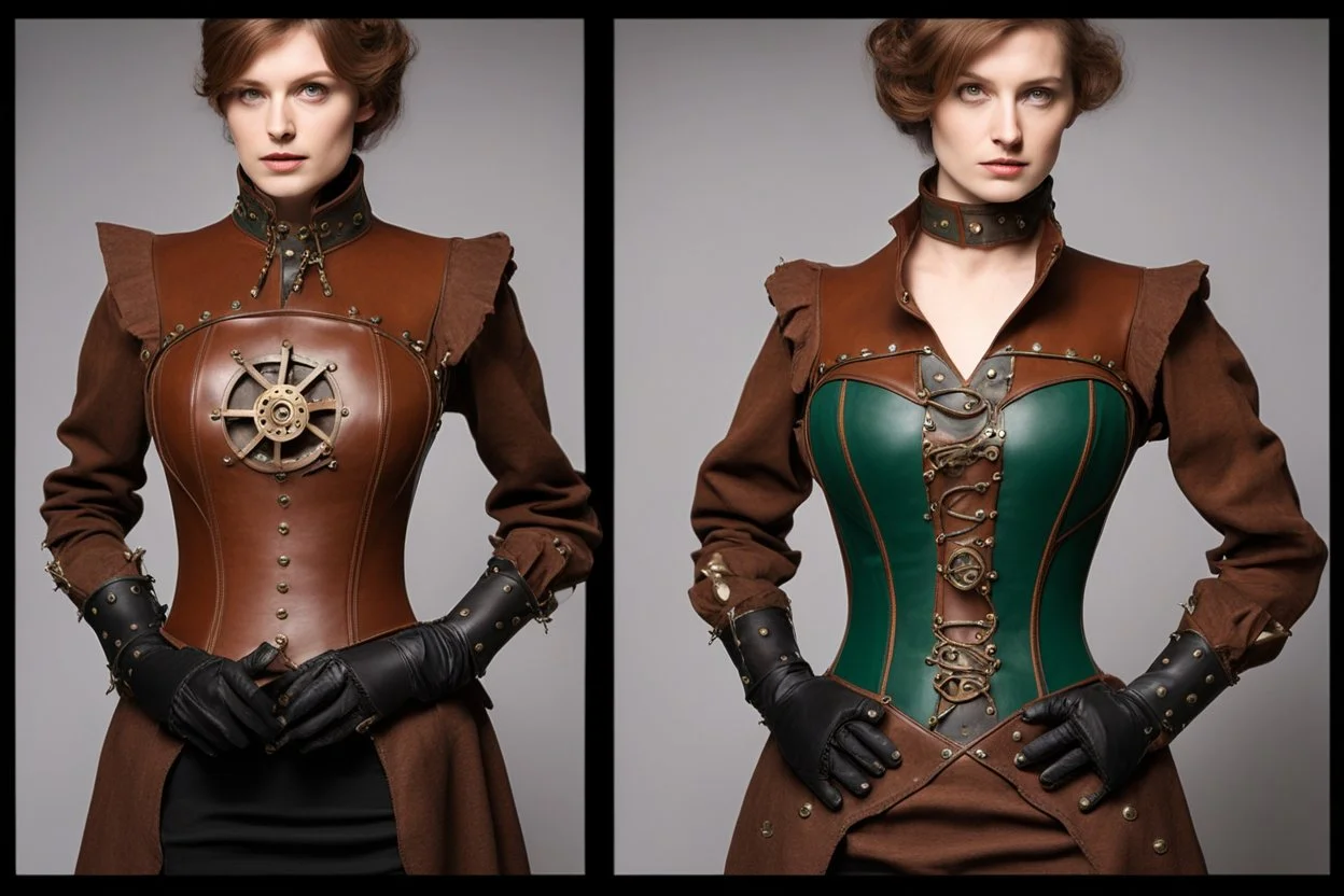 Вариант 1: “Механическая Леди” Корсет: Коричневый или темно-зеленый кожаный корсет с декоративными металлическими элементами (шестеренками, заклепками, небольшими трубками). Корсет не слишком откровенный, закрывает большую часть торса. Блуза: Блуза из плотной ткани (например, хлопка или льна) с длинными рукавами и высоким воротником-стойкой. Цвет блузы может быть белым, кремовым или светло-коричневым. Юбка: Длинная юбка-годе (расширяющаяся книзу) из плотной ткани (например, шерсти или вельвета)
