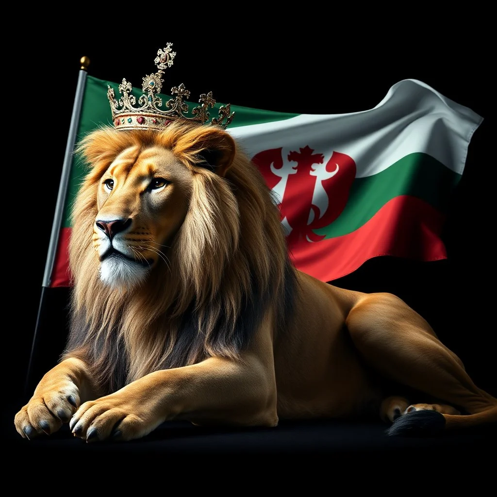 Create A hyper-realistic highly detailed image of a majestic lion lying down, wearing a royal crown. The lion's fur should be rich and textured, with a regal and powerful presence. Behind the lion, the flag of the Republic of Bulgaria waves gracefully, its white, green, and red colors vivid and well-defined. The background should be an elegant, deep black, creating a striking contrast that enhances the grandeur of the lion and the flag. The lighting should be dramatic, with