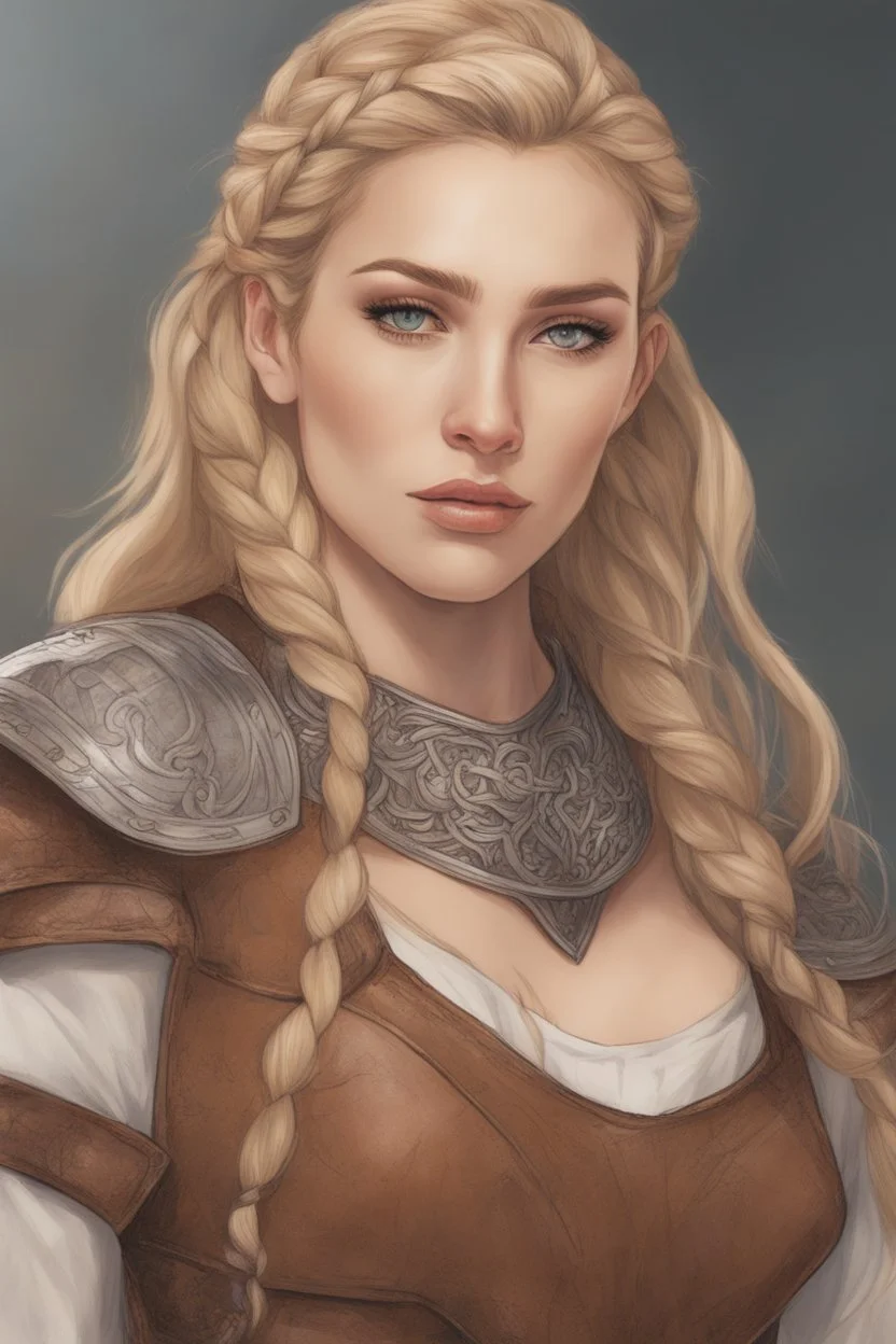 A drawing of beautiful woman with blond hair, viking braids, undercut. Brown leather armor.