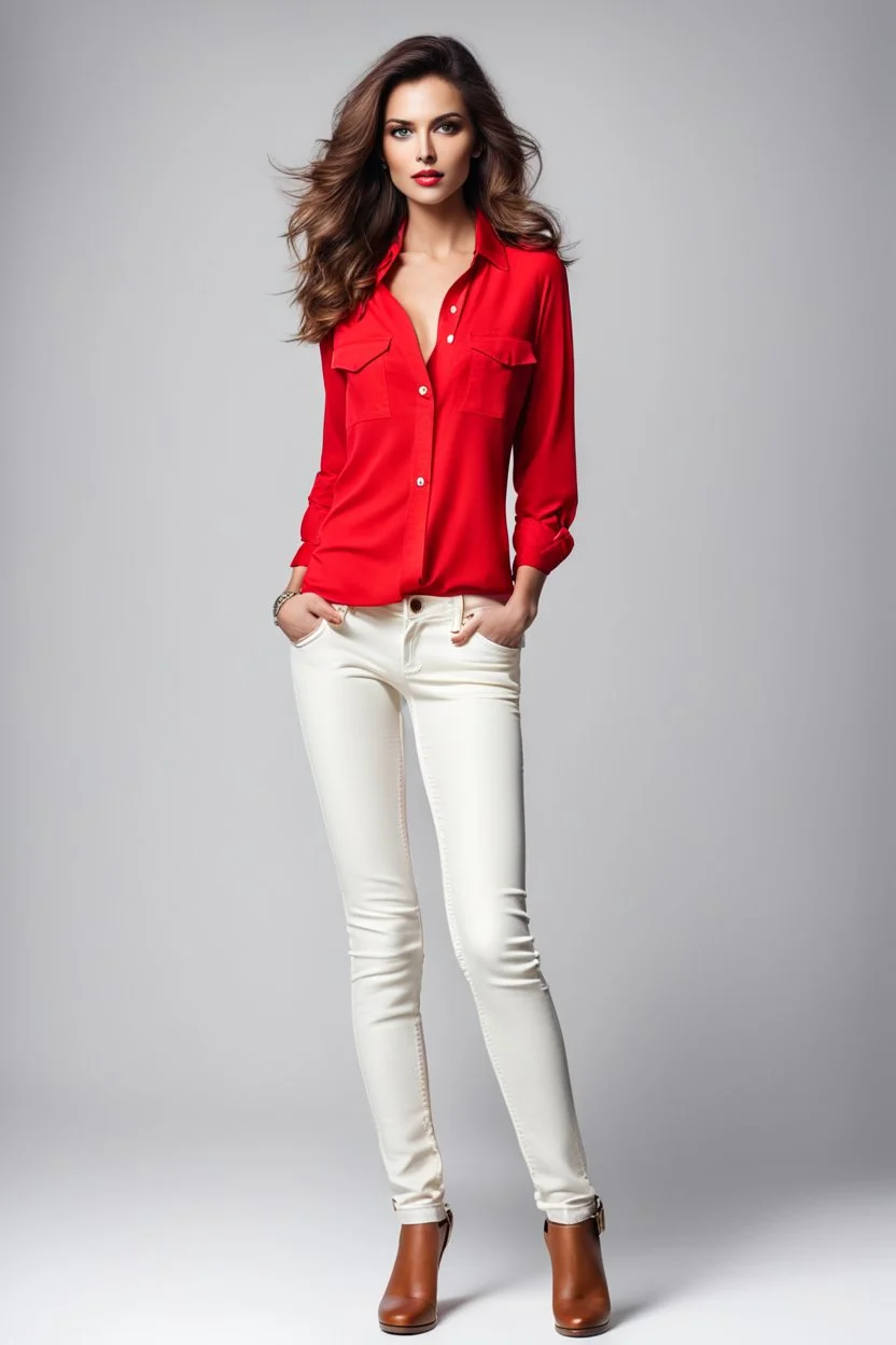 the genre is modern, a beautiful woman model and actress, hair, bright eyes perfect facial features,wearing cream jeans pants and pretty red shirt, a very beautiful favorite, a full body, he stands tall, no background