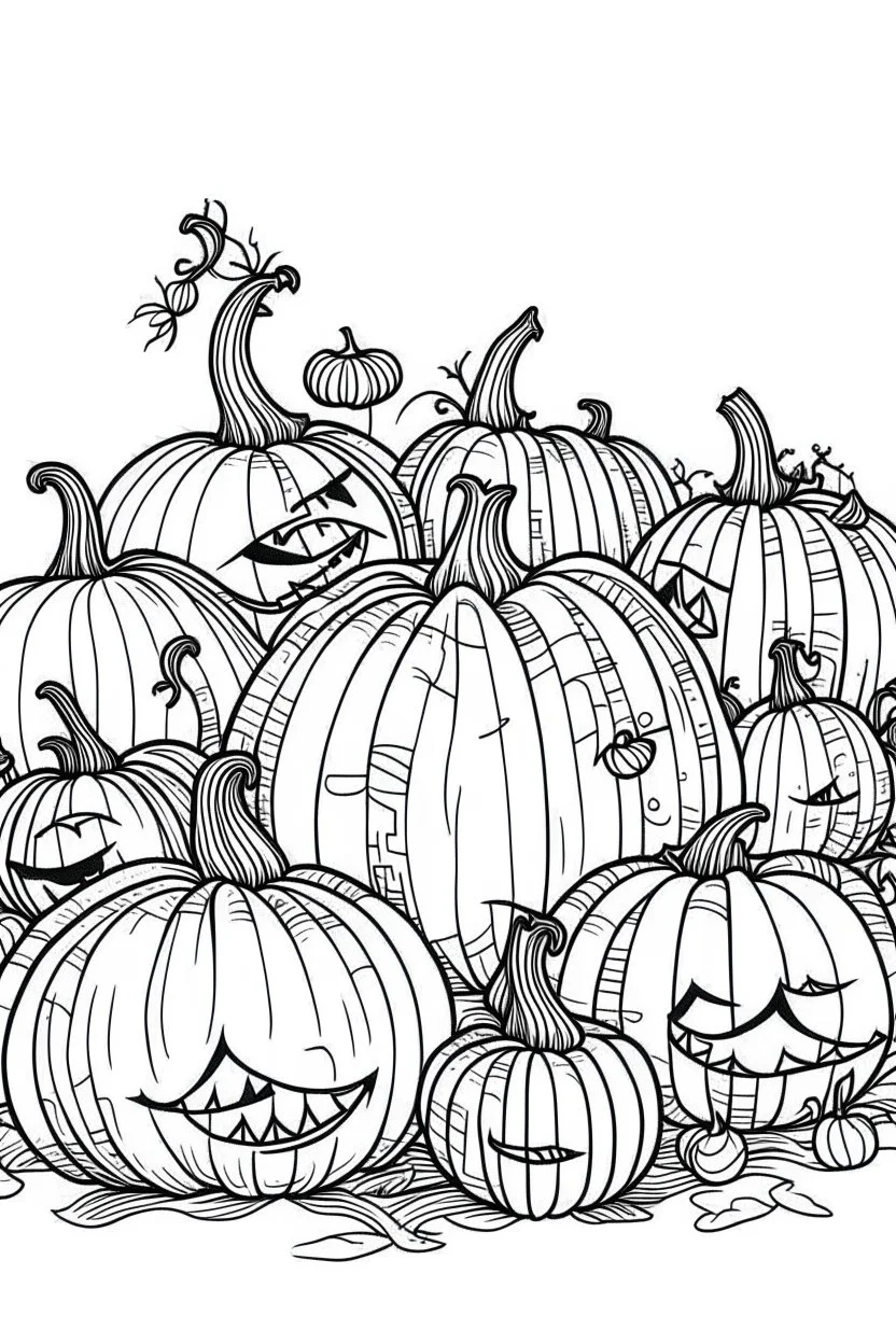 A spooky pumpkin patch with Jack-o'-lanterns of different sizes . Outline, sketch style, only use outline, mandala style, clean line art, white background, no shadows, no clear wall, coloring page.