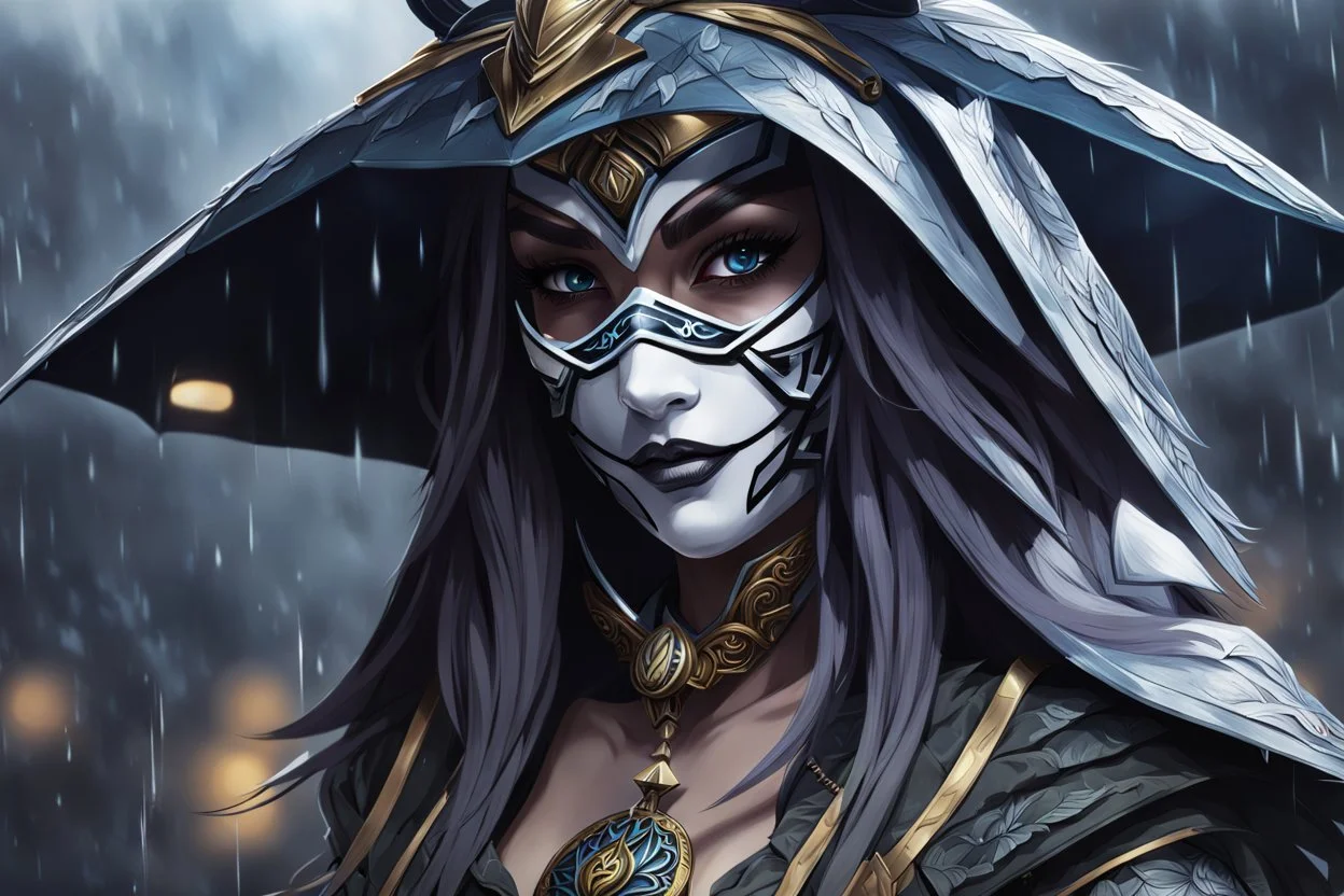 kindred with her mask in 8k anime realistic drawing style, ronin custom , close picture, rain, apocalypse, intricate details, highly detailed, high details, detailed portrait, masterpiece,ultra detailed, ultra quality