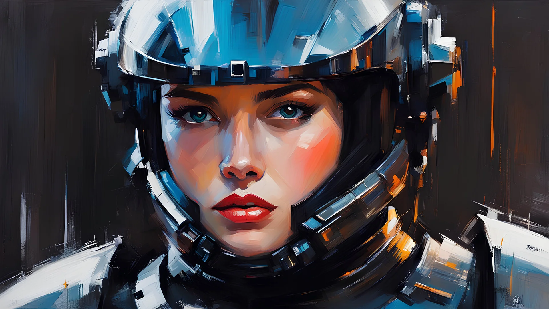 acrylic illustration, acrylic paint, oily sketch, 1girl, armor, blurry, cyberpunk, helmet, lips, nose, power armor, realistic, science fiction, solo, upper body, by [Iryna Yermolova | Conor Harrington]