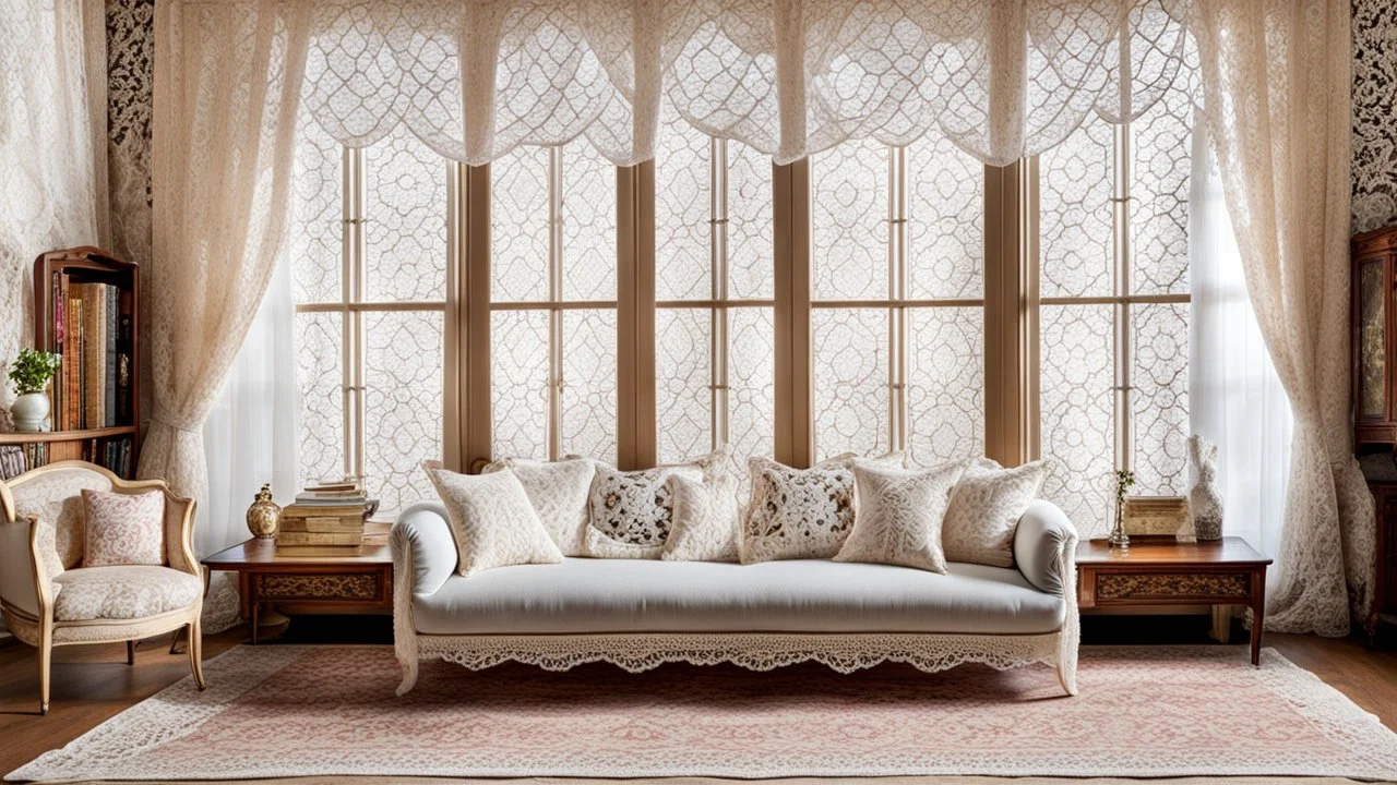 in big vintage room everything is lace and made of lace. lace on the couch, cushions are lace, the lace wallpaper decoration, cloth lace on the table, vase lacy sample, beautiful pale lace curtains hang in front of the window, the pattern of the vintage carpet is lace-shaped sample, lace tablecloth on top of the television, and the on a bookshelf. Everything covered in nice lacy and an old doll in lace dress sitting on the couch. pale colors, cinematic, stunning