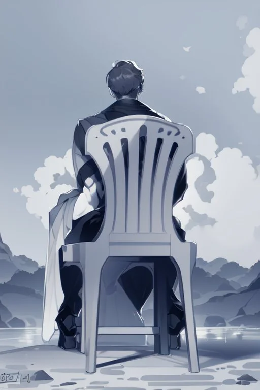 male character sitting on a plastic chair seen from behind, line arts, greyscale