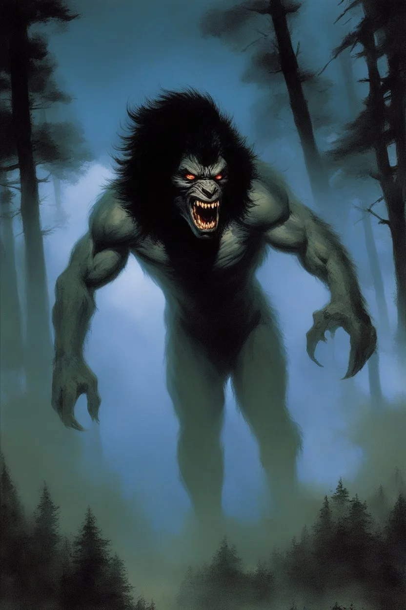 "Double Exposure" {{{{paul stanley full color oil painting art by Alex Ross, fog and clouds rising in the foreground}}}}. {{{{A giant werewolf roaming the woods at night, oil painting art by frank frazetta}}}}