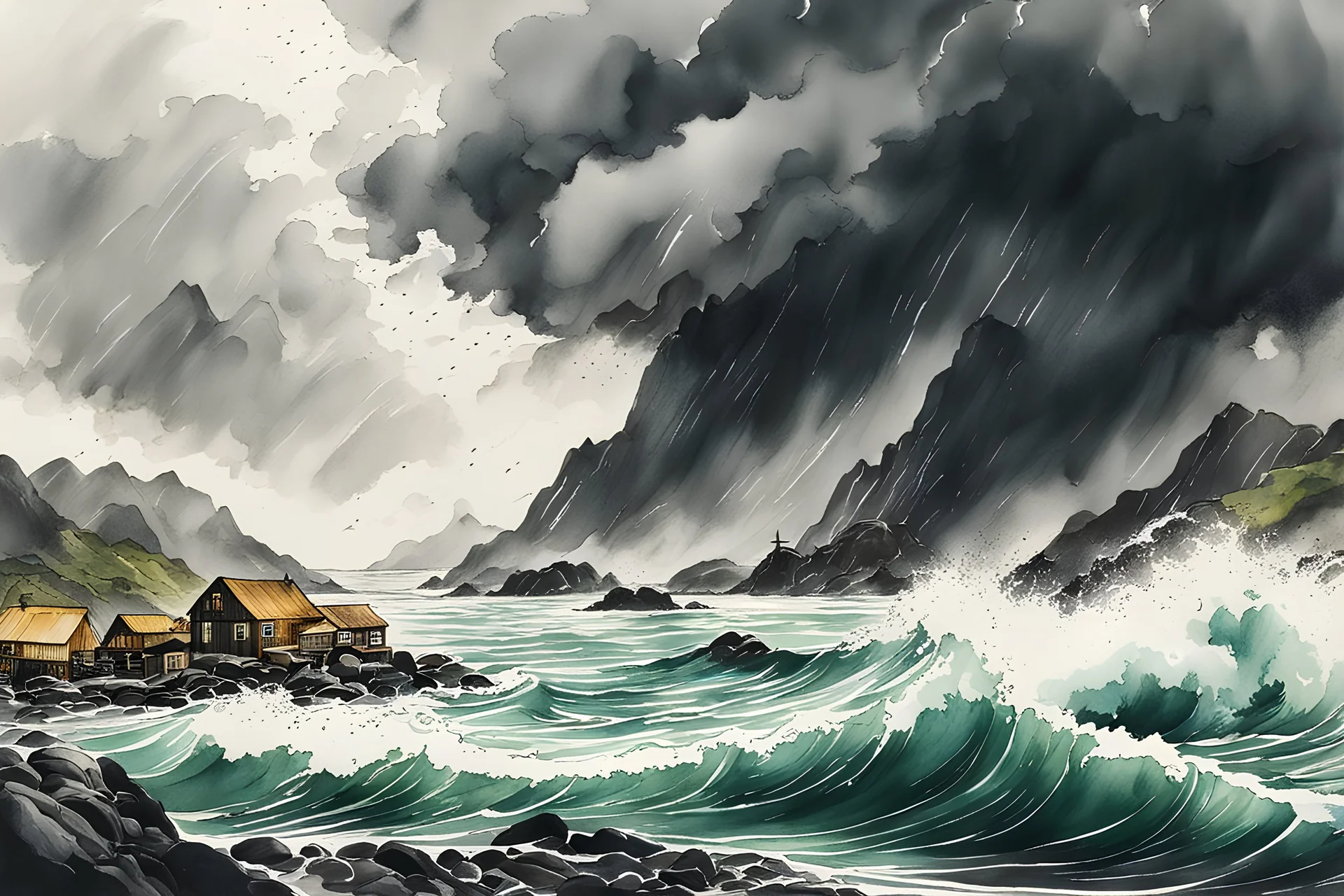 an abstract ink wash and watercolor lithographic illustration of a storm tossed, highly detailed coastal fishing village in the mountainous islands of Lofoten , with ominous storm of the century thunderheads and pounding surf , finely drawn and inked, 4k, hyper detailed and vibrantly colored