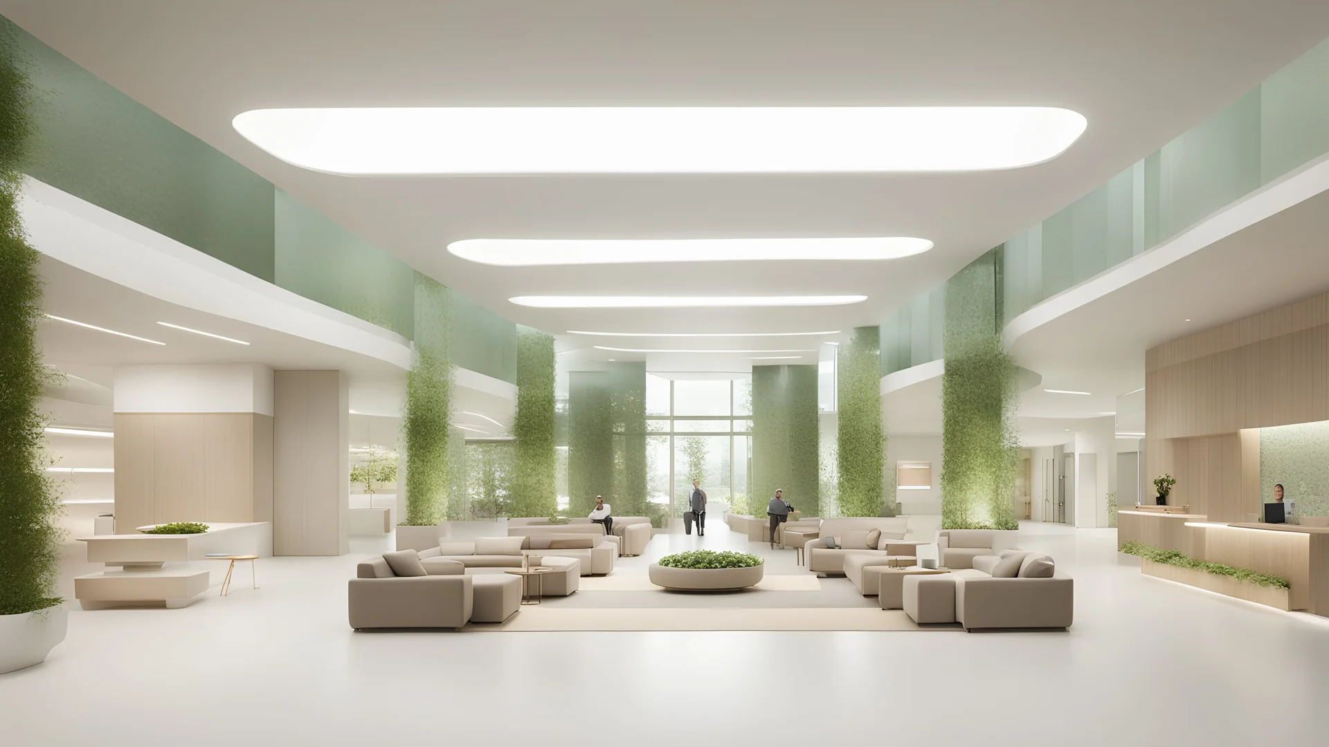 interior de un lobby centro clínico a gran escala con materiales contemporáneos con buen diseño de iluminación contemporánea, desde la perspectiva humana, dando importancia al wellness del lugar y escala de usuario, integrando jardines interiores y buena distribución de mobiliarios