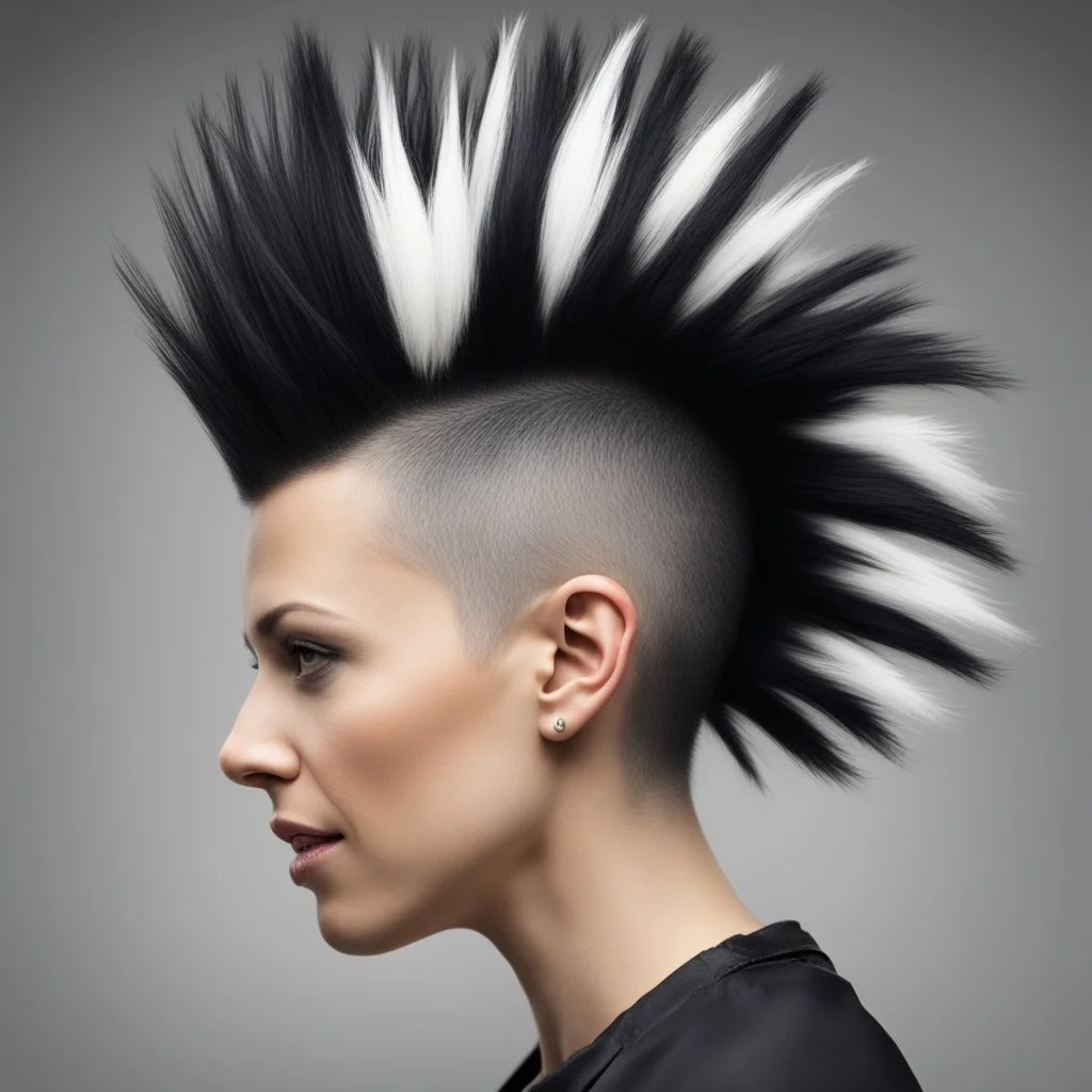 Womans Mohawk haircut cut and dyed to look like a skunk, humorous, photorealistic