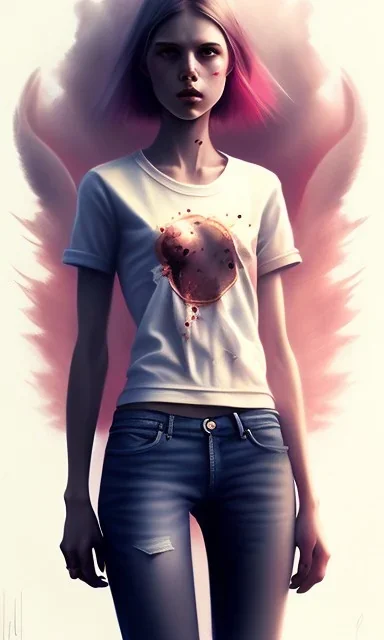 girl, cute, beautiful, by Greg Rutkowski, bruised, bloody, tee shirt, jeans