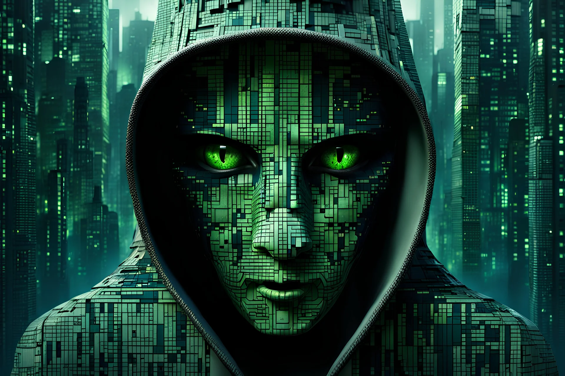 hooded cat's face covered in pixels, dystopian cityscape style, vray, ambient sculptures, GREEN, BLUE, GRAY, FUTURIST, Frank Thorne, dark and mysterious, coded patterns, video montages, fantasy art, science fiction, architecture, 3d rendering, dark fantasy