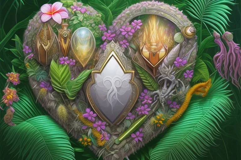 Tropical flowers, realistic heart drawing, crystals, tropical leaves, sacred altar, Fantasy home, cute animal.