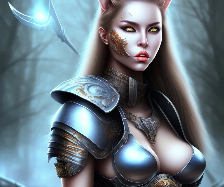 Sexy female warrior cat eyes full body battle background