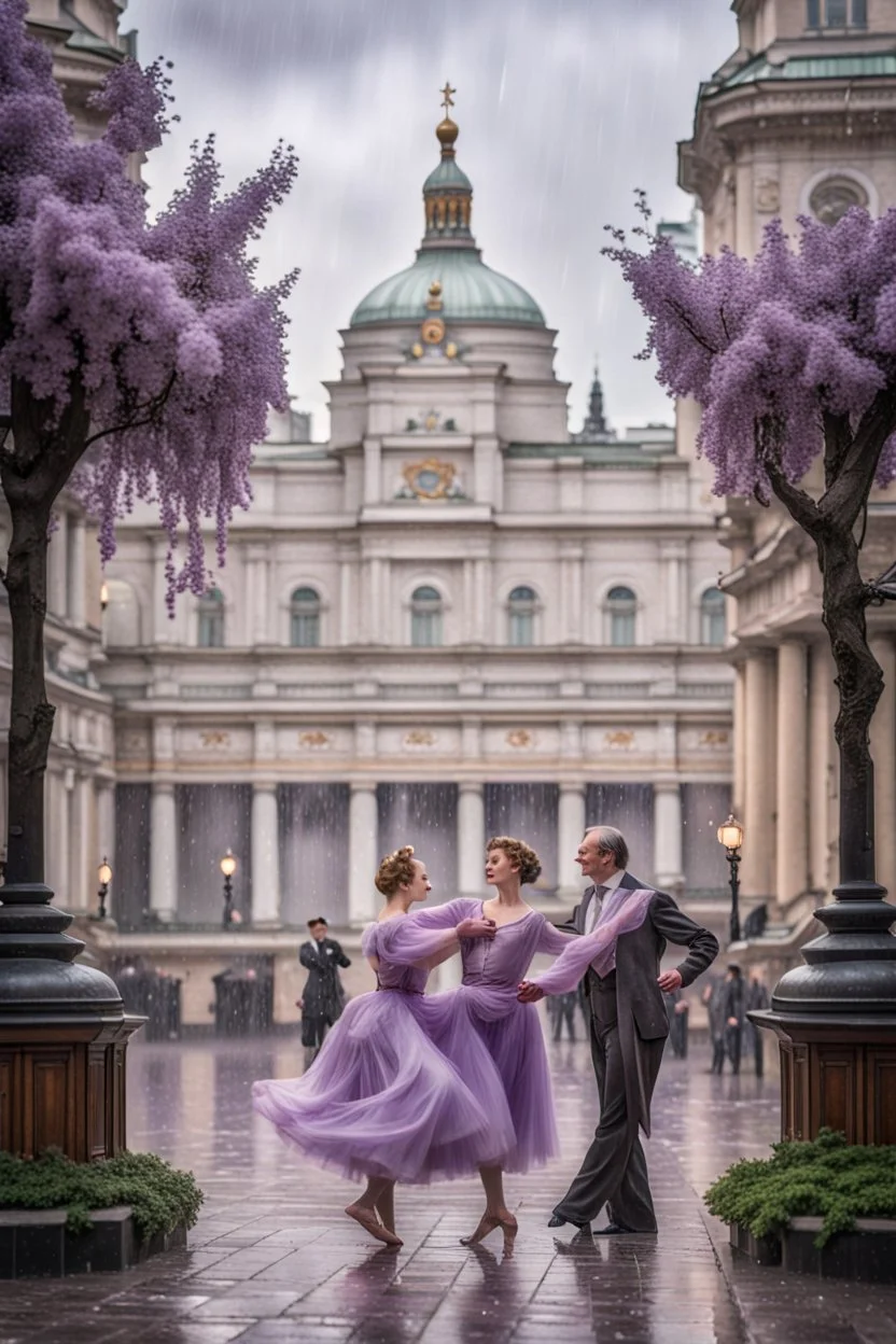 The old Moscow courtyard of the early 20th century in the style of the Stalinist world, with a lilac branch in the foreground, it is raining lightly and raindrops are flowing down a lush lilac branch. In the back there is a middle-aged Couple dancing a classical dance together against the backdrop of the Moscow Bolshoi Theater. The image is of extra quality and sharpness
