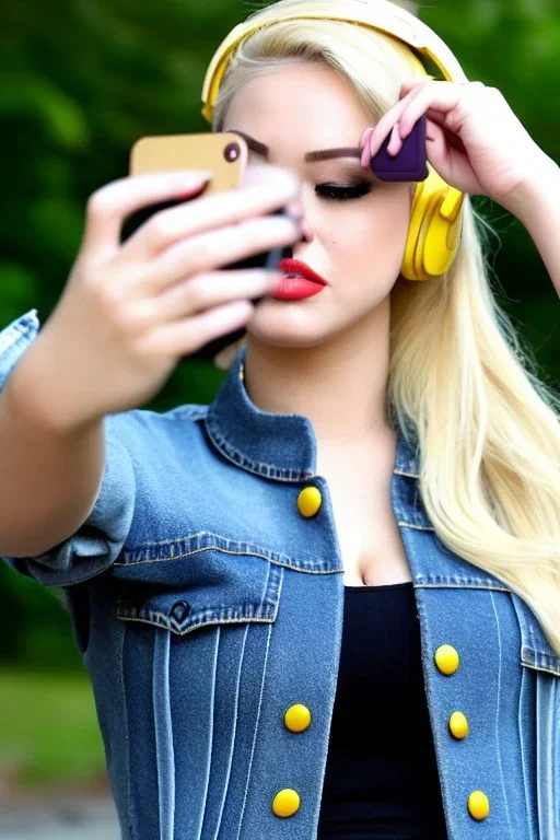 blonde taking selfie.thick thighs,thick calves,flat belly,curvy fell. NOVEL kind of bolero is sewed of recycled rough Denim, which condescends with integrated bag[SIC]. It is sewed together of camouflage pieces, whose color are all denim colors, orange, cream, brown and purple. Big colored headphones (gold rings!) is merged with small felt cap with small visor. It is with big bright purple felt tippet and birght-colored-hood is merged with colorful beanie. Style: 1980's Finland