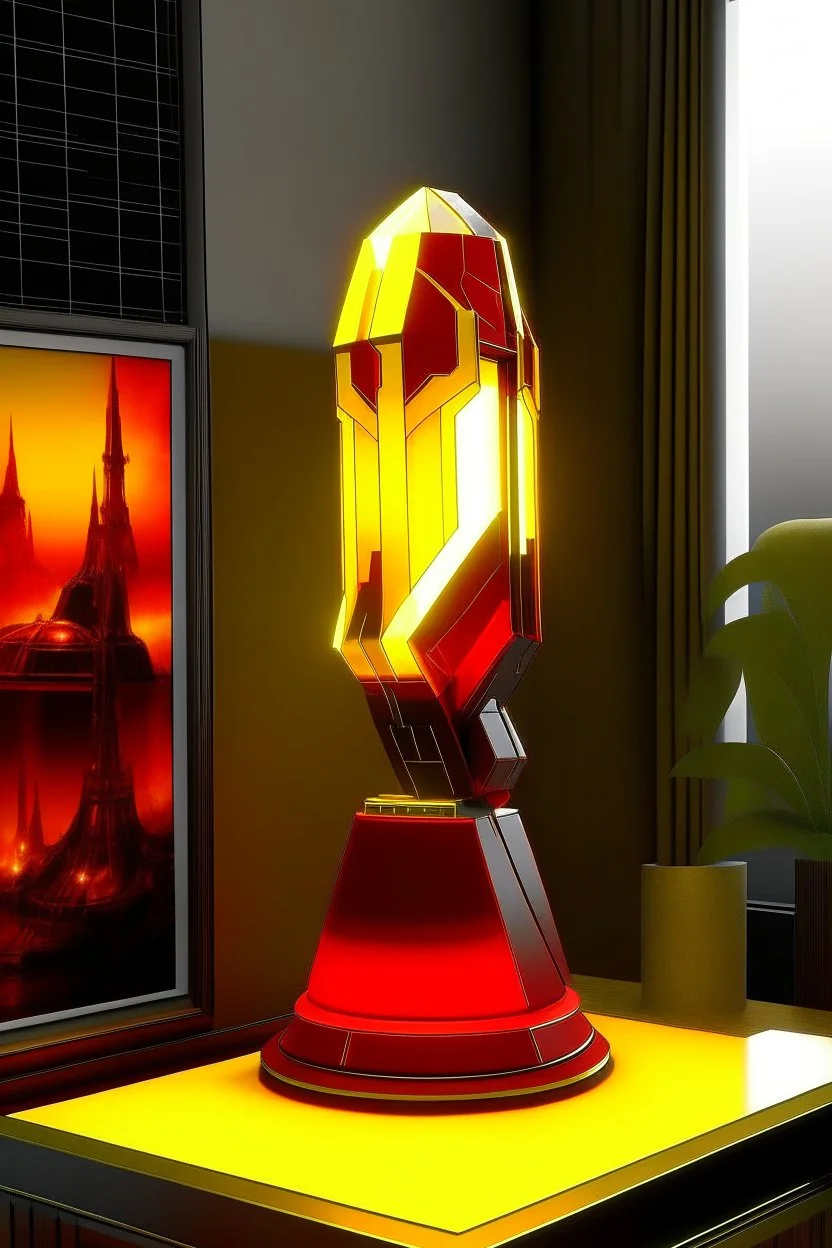 gaming table lamp inspired by avengers stark tower buliding architecture futuristic-modern stlye. geometric form, red and yellow color scheme