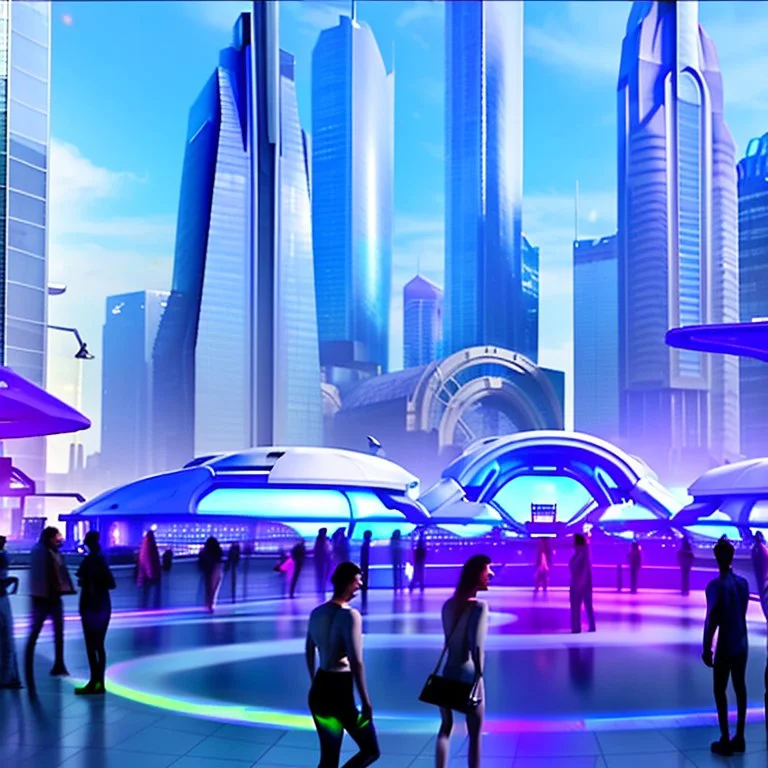 A group of people gather in a futuristic plaza, surrounded by towering skyscrapers and holographic advertisements. The plaza is filled with blue and purple light, and flying vehicles can be seen in the background.