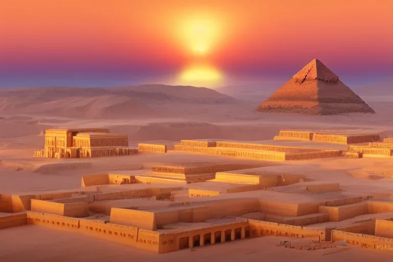 An ancient Egypt city at sunrise with 2 pyramids in the background, by matthieu lauffray, beautiful Egyptian temples, stunning environment, perfect composition, oil on canvas, super highly detailed, wide-angle, diffused lighting,8 k Uhd