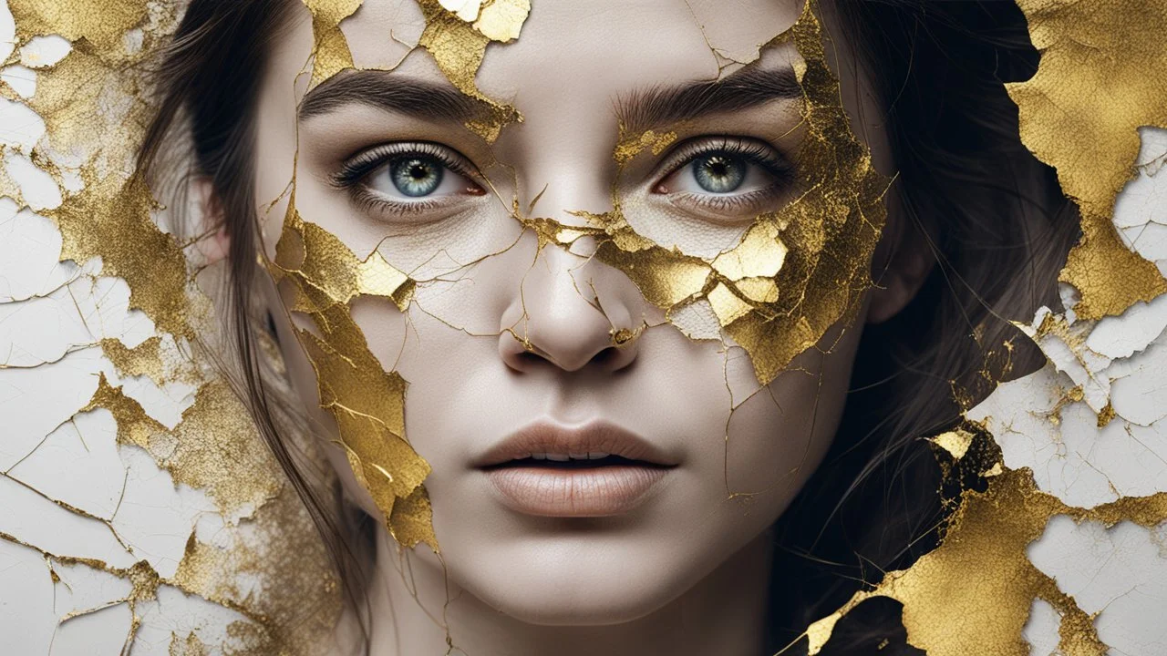 Portrait, Woman, Cracked Face, Partial Gold Leaf, Beautiful