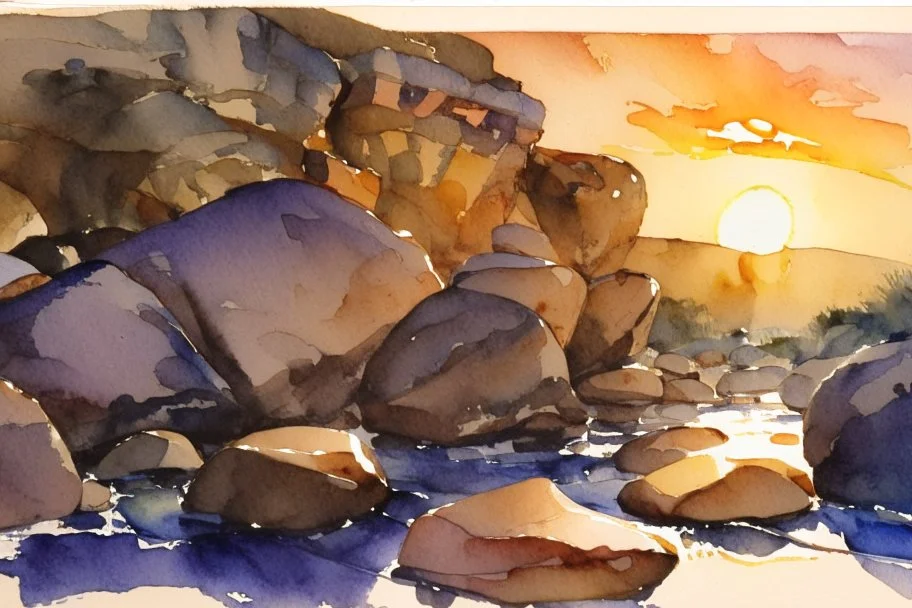 Sunset, rocks, mountains, rocky land, epic, john singer sargent watercolor paintings