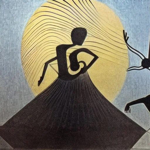 drawn in single line by Nicolai Blatter with hatch with parallel wavy lines metal engraving with african man dance procession in salvador dali style or picasso style