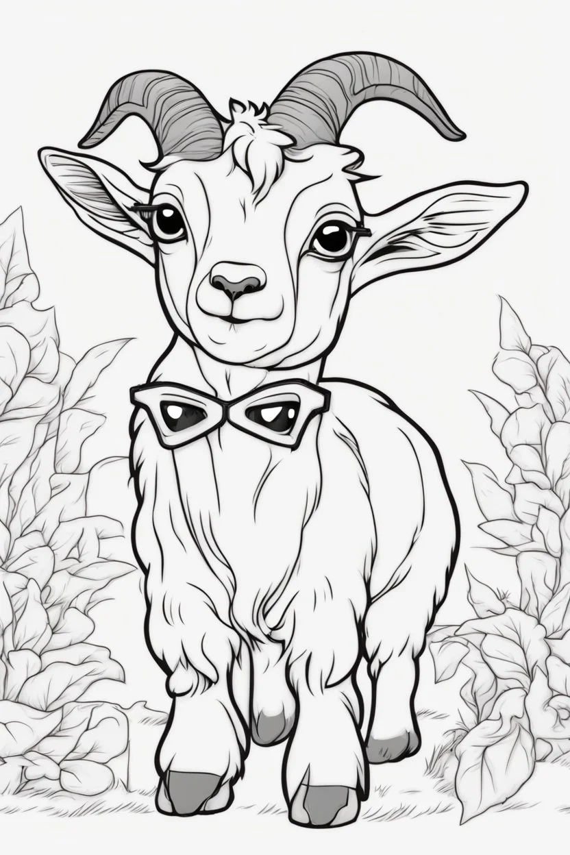 Outline art for cute coloring pages with goat with glasses, full body, white background, sketch style, only use outline, clean line art, no shadows and clear and well outlined.