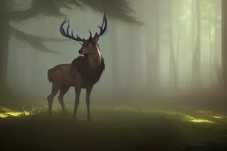 Mystical fantasy stag in the forest, high definition, gigantic antlers