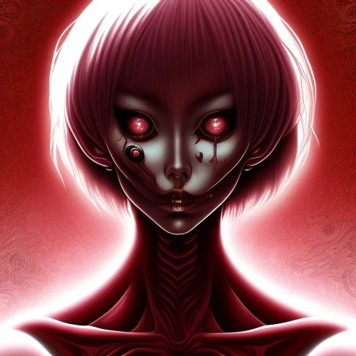 Junji Ito style,woman with weird face, darkred tones, leaning pose,