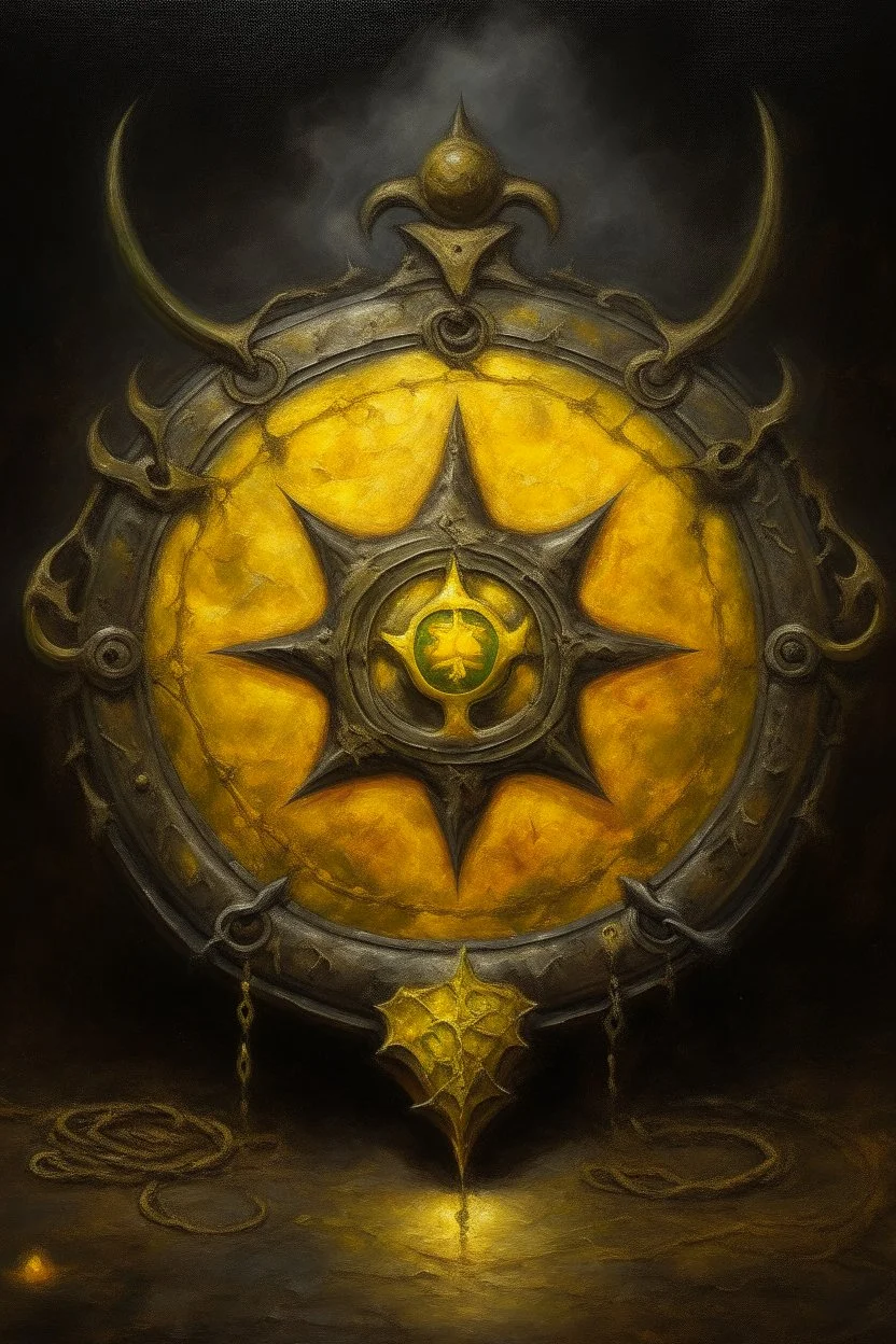 Living cauldron with yellow sigil, slightly demonic seal in it, prize winning oil painting