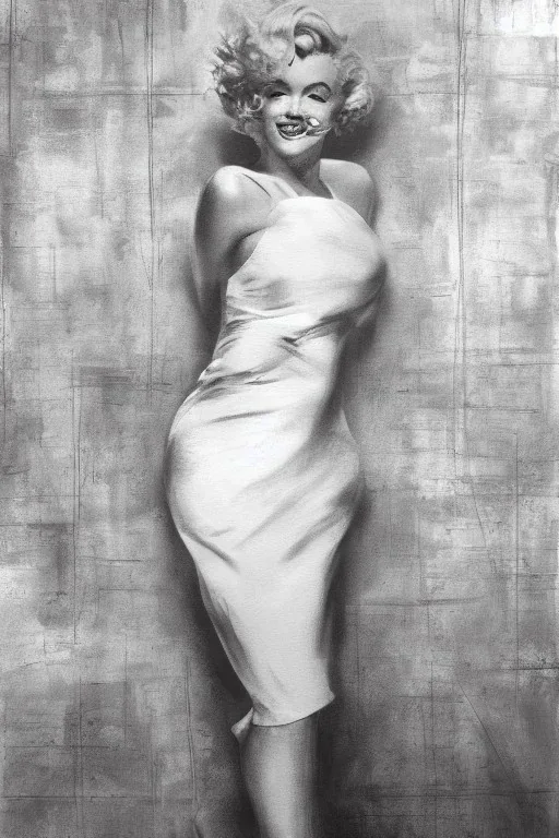 Painting, photorealistic, Marilyn Monroe, front view medium shot ankle-length white dress, standing over a subway grating, dress billowing up, style of The Seven Year Itch