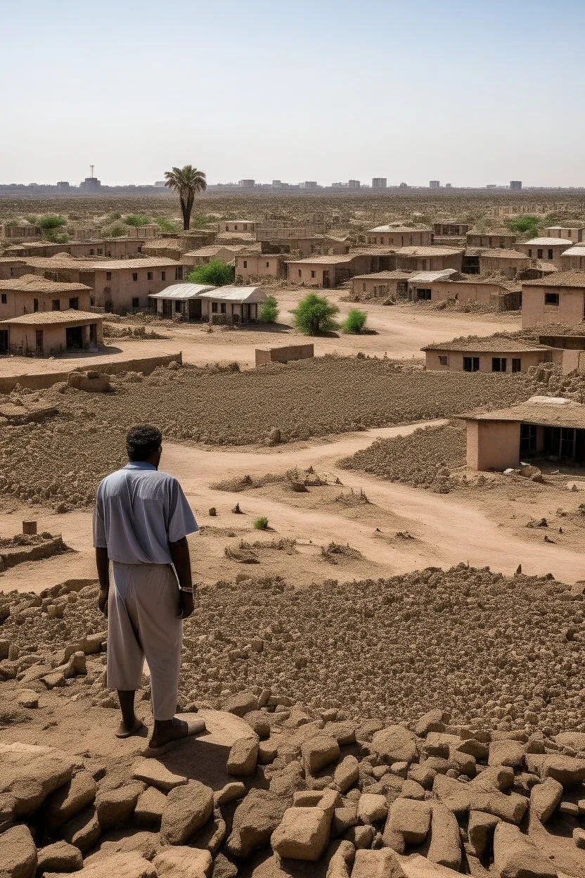 Sudan, destroyed city, airstrikes, one man in the distance