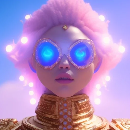 A portrait of a crystalised blue pink extraterrestrial, gold, diamonds, sunny background, atmospheric, realistic, unreal engine, 8k. Cinematic lighting, octane render.