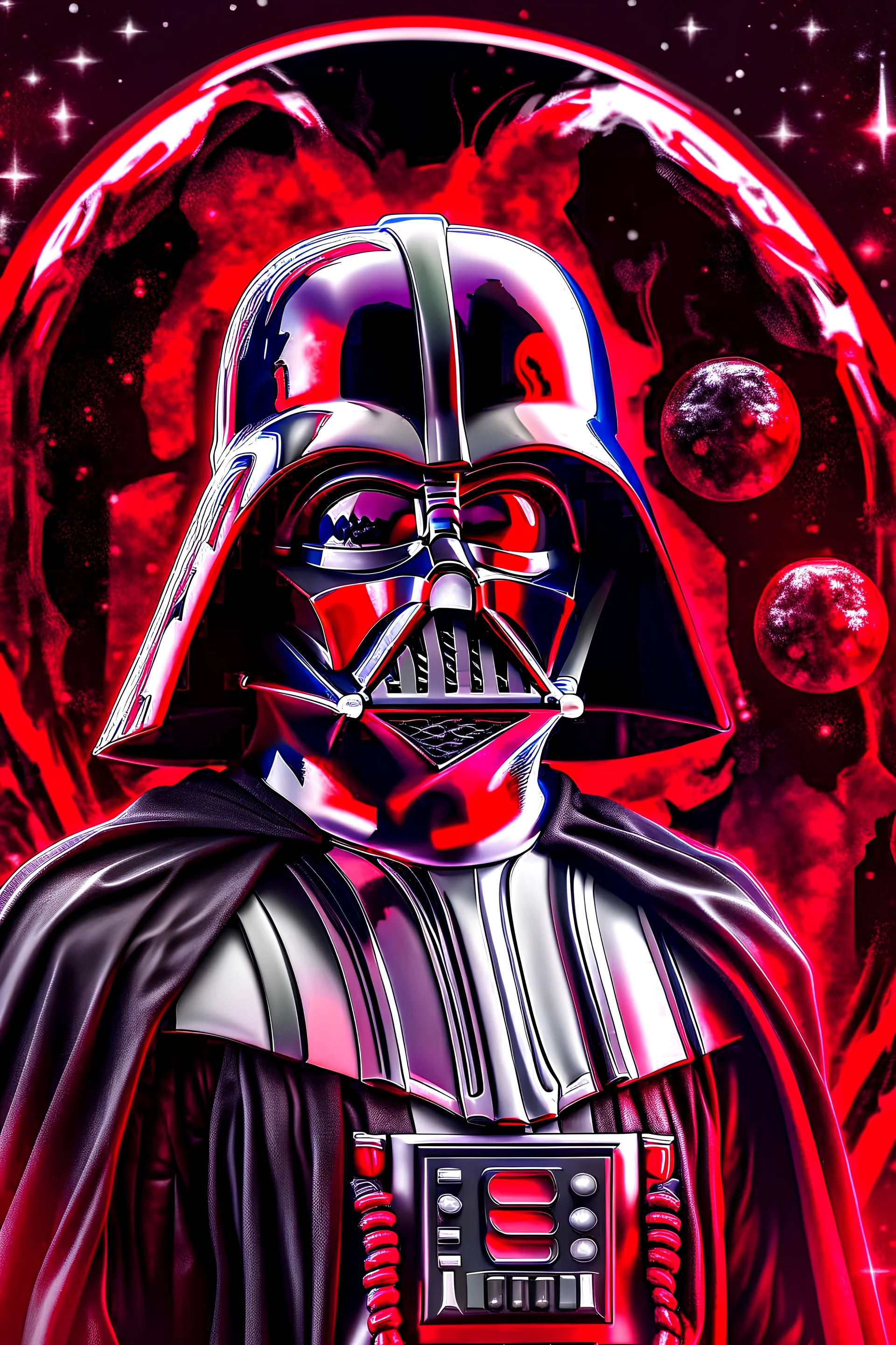 darth vader, oil paint, realistic 4k, red and black fogy background, black planet, red big planet, light from top right, stars, star was ship in ths background