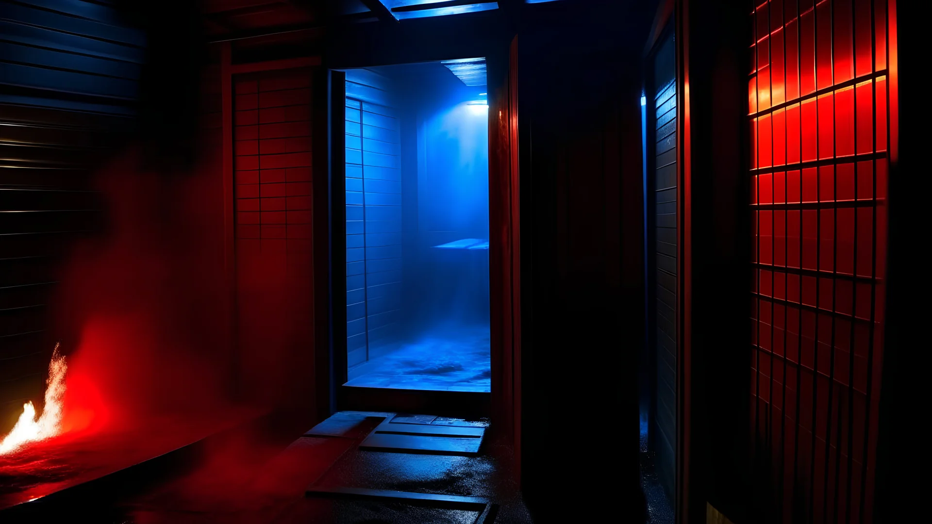 The battle begins inside the sauna, where light and darkness clash in a scene that remarkably reflects the dissonance of forces. He sees Robert and the thug meeting in the hot steam, the colors red and blue harmonizing in a moment of defiance. Dark secrets spill from the sauna walls, and with every minute the clash between Robert and the serial killer intensifies. Robert's face appears full of determination and resolve, while the serial killer's face is in dark shadows, shrouded in mystery and