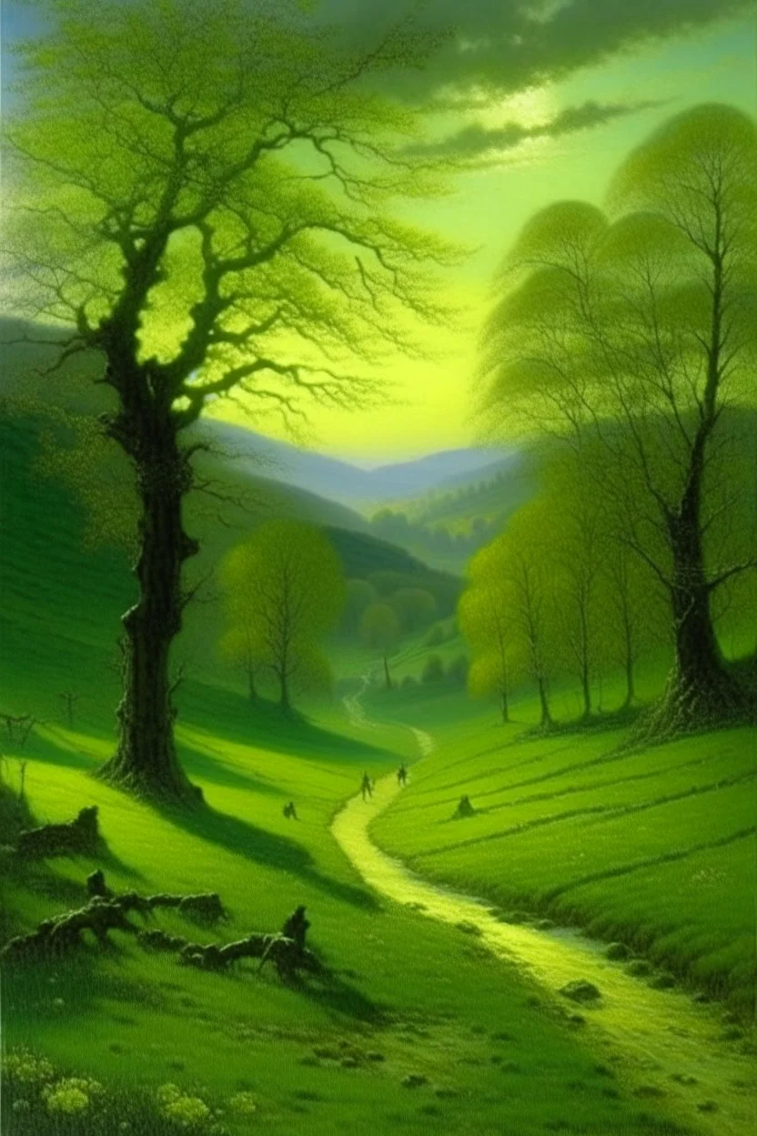 A green grove near a valley painted by John Atkinson Grimshaw