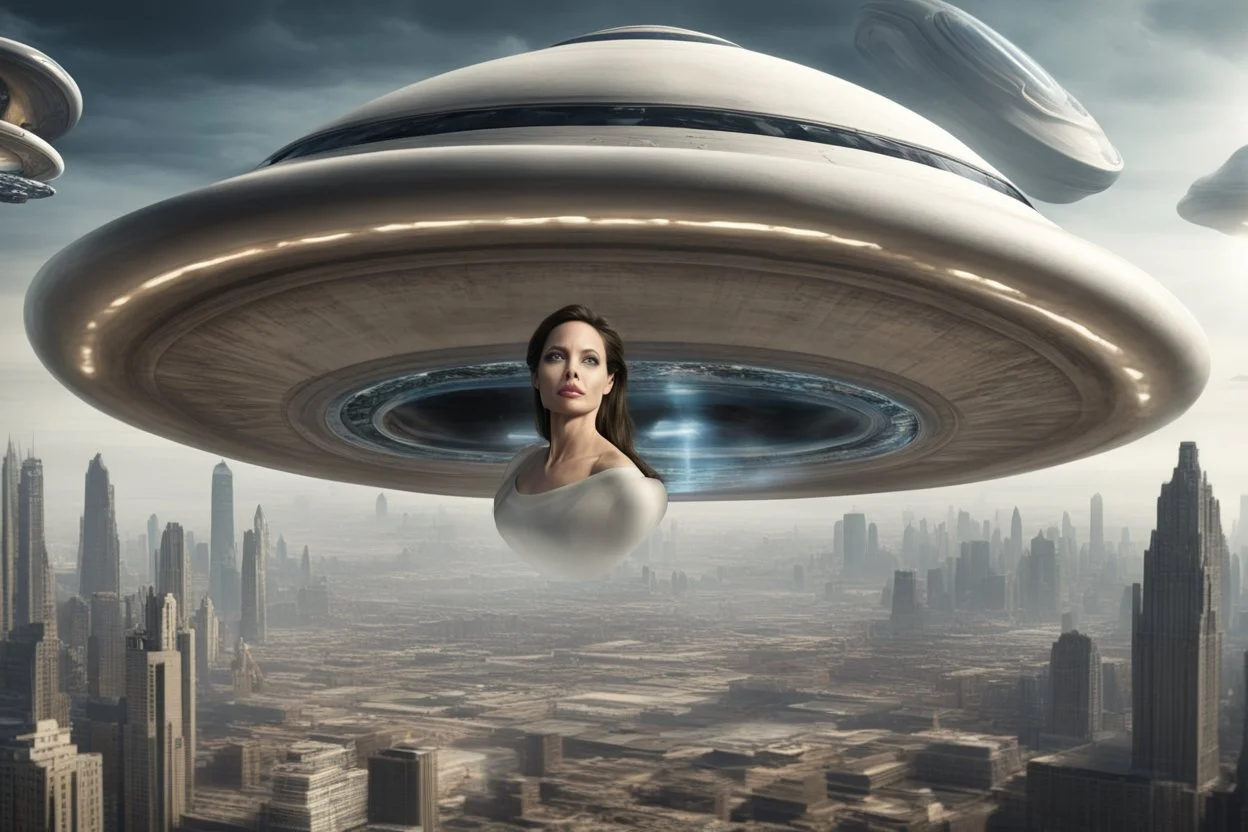 flying saucer with portals with angelina jolie inside the flying saucer flying over future alien city close up of angelina jolie as photo realistic