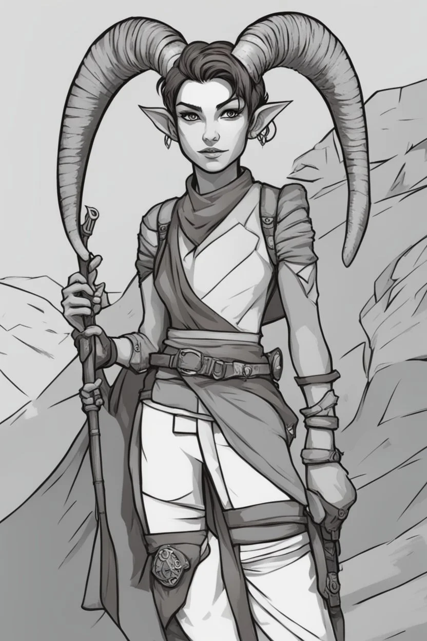 Dnd character with a tail and horns. A female Tiefling archeologist with very short hair, wearing adventure clothes. Cool, funny, beautiful.