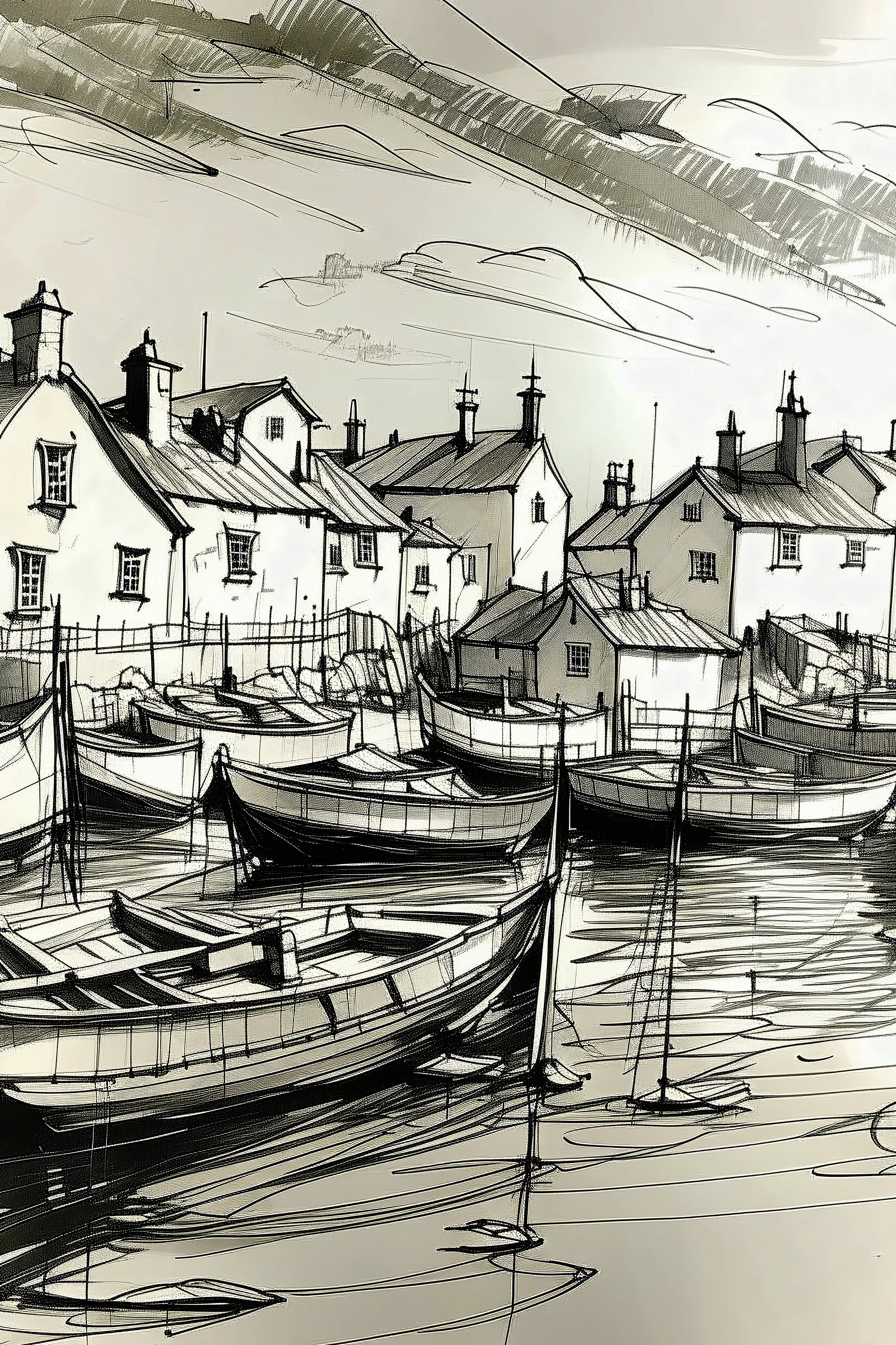 Fine line Sketch of English fishing village in style of john singer sargent