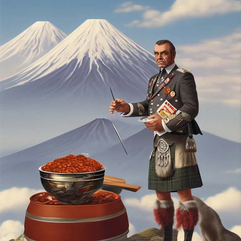 Sean Connery in a kilt eating a bowl of chili in front of Mt. Fuji