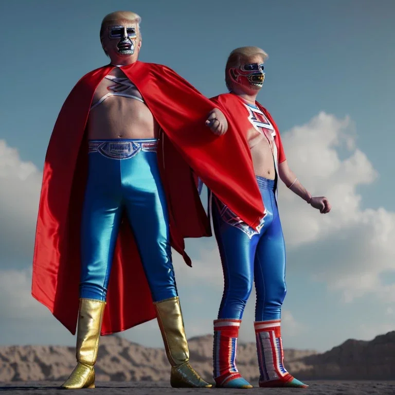 realistic image of donald trump as a mexican wrestling fighter posing outdoors, Mexican eyes wrestling mask, red and blue breeches, confederate flag cape, retro style, 80s, vibrant color, highly detailed, sky background, concept art, unreal engine 5, god rays, ray tracing, RTX, lumen lighting, ultra detail, volumetric lighting, 3d, finely drawn, high definition, high resolution.