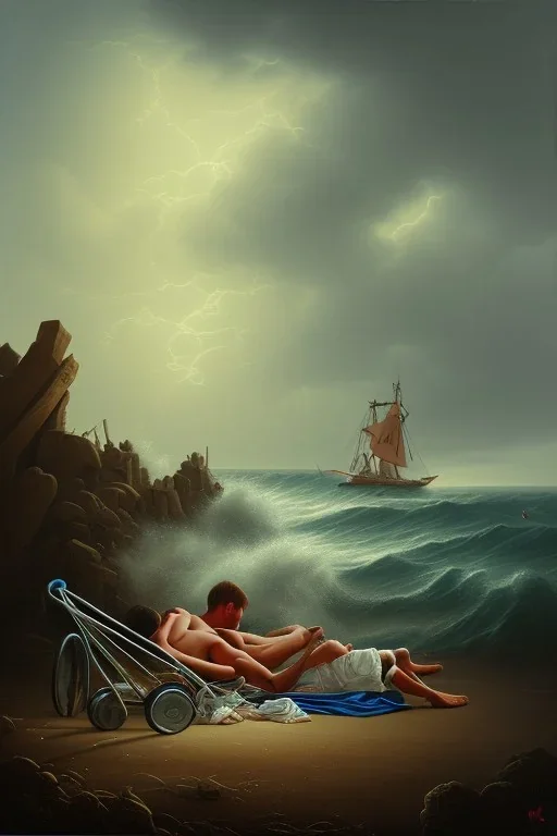 painting of boy next to man sleeping on beach, old clothes, dark storm clouds overhead, gloomy, bleak, shopping trolley, ship at sea, little fires