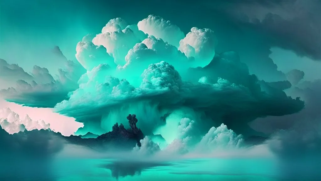 Phantasy landscape with dramatic cloud in aqua color