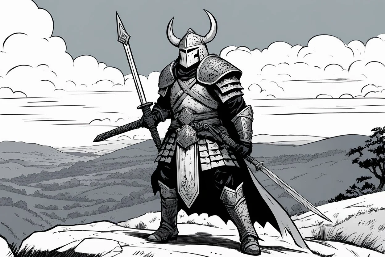 Bone Helm wait with his flail and his sword on the top of the hill (Based of the comic book Head Lopper & The Crimson Tower By Andrew Maclean with Jordie Bellaire)
