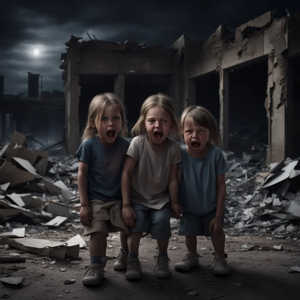 Hyper Realistic Children crying outside a destroyed building in a dark night