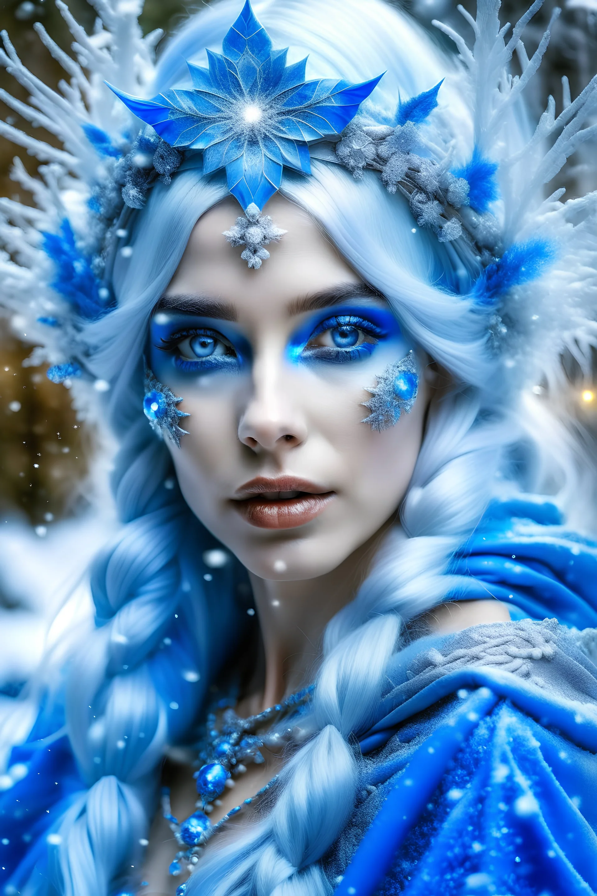 Very very cute snow fairy woman with a lovely face and radiant with beauty and googdness, great wisdom, transparent blue wings, full lips, depuis blue eyes, long blue hair with small shaped pearls snowflakes in her hair, nice body, dressed in a snow fairy dress, in a enchanted landscape, realistic, real photo, highly detailed and contrast