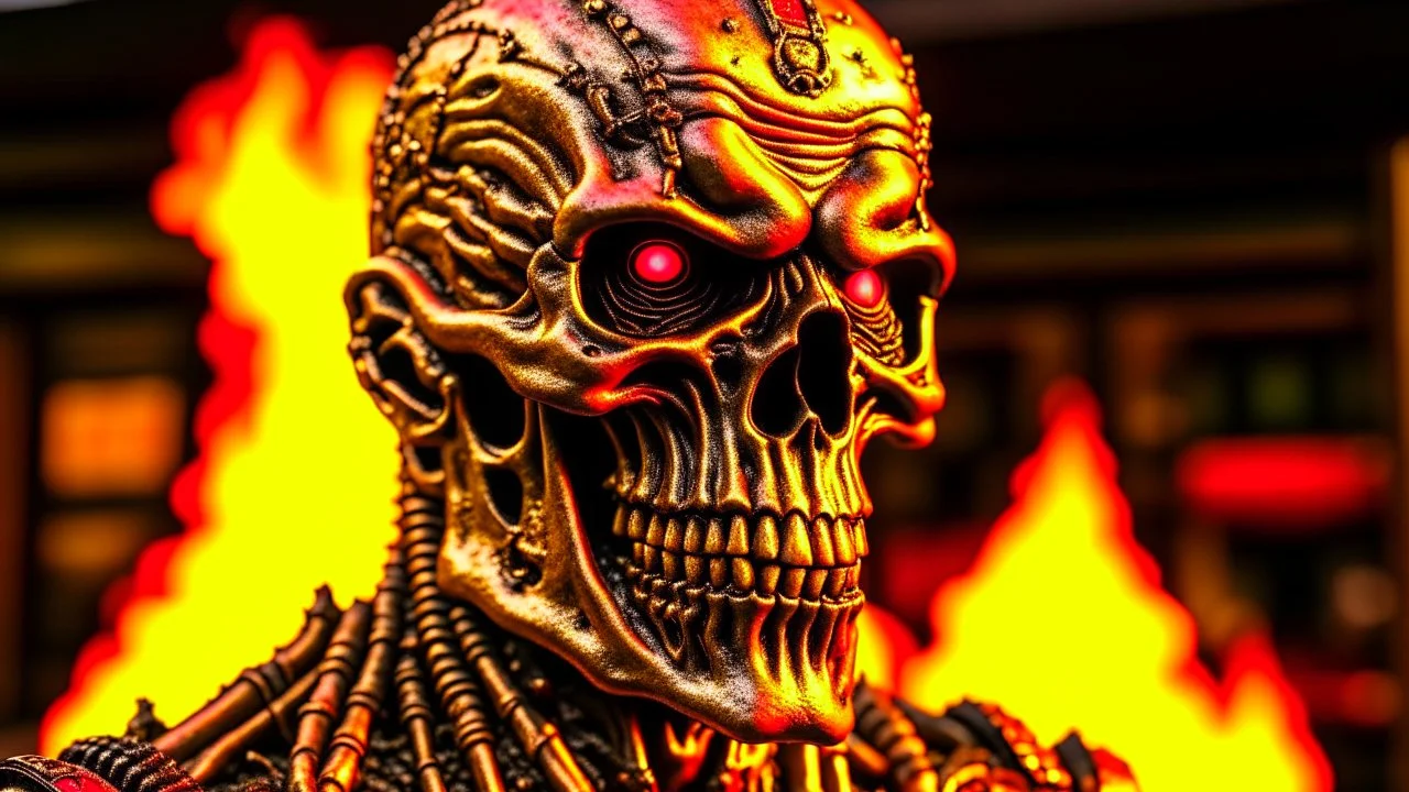 4K, ultra detail, ombres et reflets maximum, full realism portrait terminator iron maiden logo full face flames4K, ultra detail, full realism portrait terminator logo full face city firestarter in the background